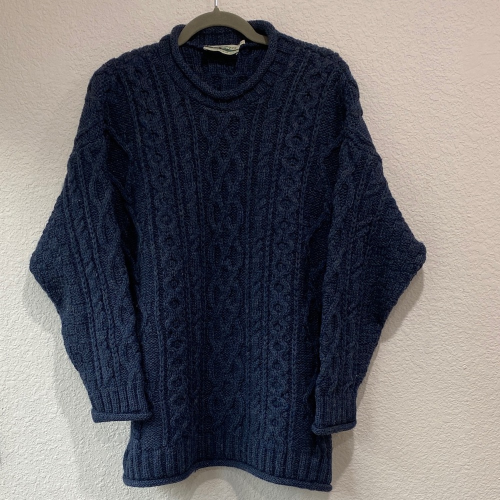Vintage Aran Crafts Ireland Blue Knit Cable Pure New Wool Fisherman Sweater S